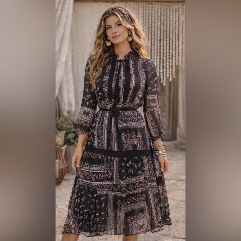 Mimi Chica, peasant dress- bohemian, crochet detailing, paisley print, size M/L